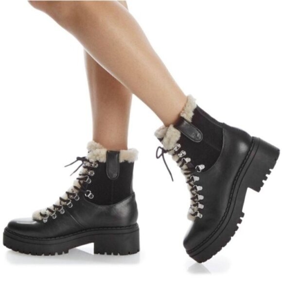 Marc Fisher Nalina Hiking Boot Leather Combat Faux Fur Black 7.5M - Picture 1 of 6